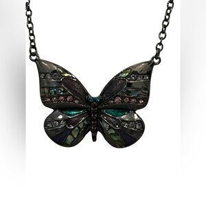 Signed Designer PIERRE LANG Necklace Black‎ BUTTERFLY Pendant Colorful Crystals